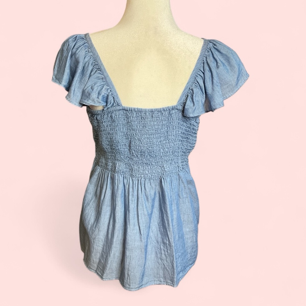 LOFT Light Blue Smocked Peplum Top - Picture 3 of 5